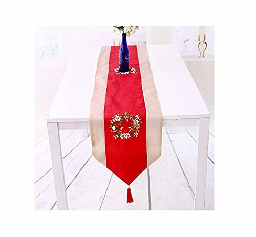 Banemi Camino de Mesa Lavable, 33x250cm Rojo Coronas de Flores Bordadas En Dos Tonos con Borlas Poliéster Mesas Pequeñas de Decoración