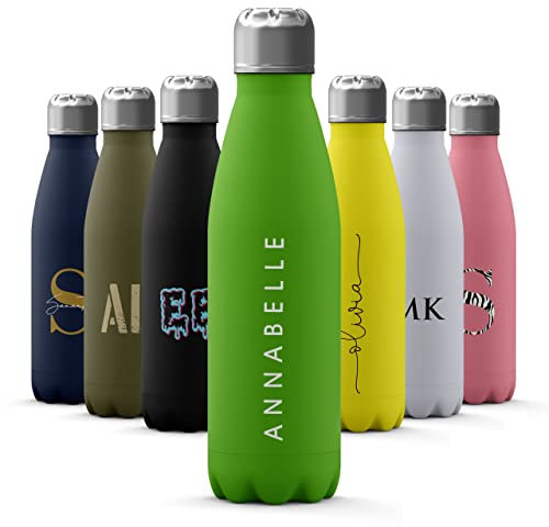 Tirita Personalised Water Bottle - Thermal Travel Flask for Hot & Cold Drinks - Insulated Stainless Steel Bottle - Gym, Office, School - 500ml [07- Name White on Lime]
