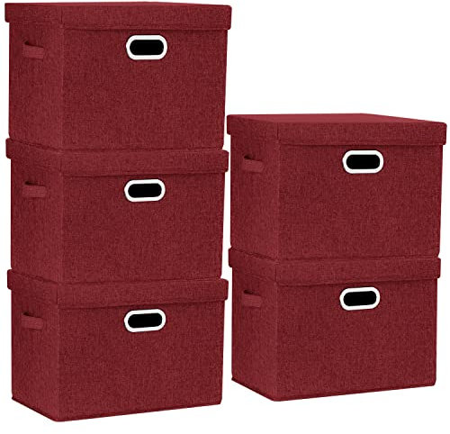 TYEERS Large Storage Box with Lid, Collapsible, Washable, Fabric Storage Box for Clothes, Wardrobe Storage, 44x30x29 cm, Set of 5, Red Wine