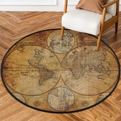 Runder Teppich mit Vintage-Weltkarte, Retro-Bildungskarte, großer Kreis, rutschfest, rund, Bodenmatte, weich, waschbar, Teppich für Wohnzimmer, Schlafzimmer, Innenbereich, 152 cm