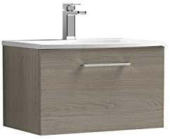 nuie ARN2522G Arno Modern Bathroom Wall Hung 1 Drawer Vanity Unit with Curved Ceramic Basin, 600mm, Woodgrain Solace Oak