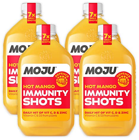 MOJU Hot Mango Immunity Dosing Bottles (4 x 420ml) Energising, Source of Vitamin C and D3, Natural Ingredients, No Added Sugars or Sweeteners, Vegan