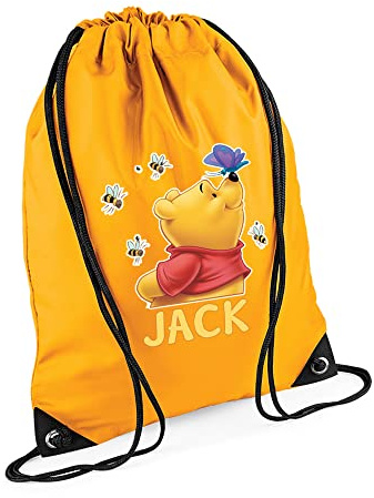 The Pooh With Butterfly Backpack Cartoon Character, Personalised Bag, Bag For Friend, Birthday Drawstring Bag, PE Gym Kit Swimming, Sport Rucksack. (Gold)