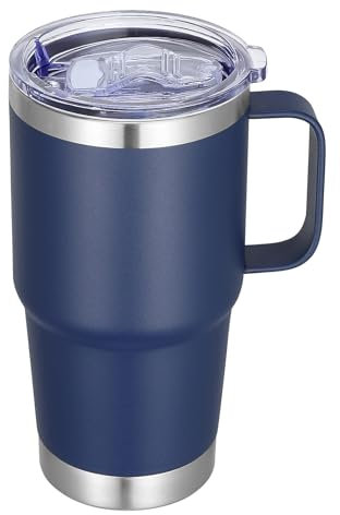 Abbrevi Vaso de acero inoxidable de 20 onzas con asa, taza de viaje con aislamiento de metal con asa, vaso de doble pared con asa y tapa, azul marino, paquete de 1