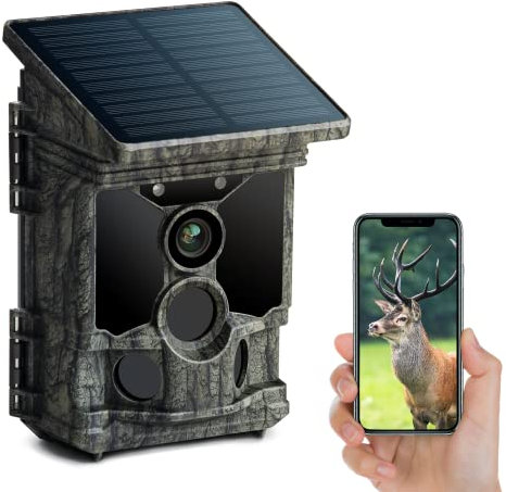 VOOPEAK Trail Camera Solar Powered 46MP 4K 30FPS, WiFi Bluetooth Game Camera with 120°Wide-Angle Motion Activated with Night Vision 0.1s Trigger Time IP66 Waterproof for Wildlife Monitoring Security