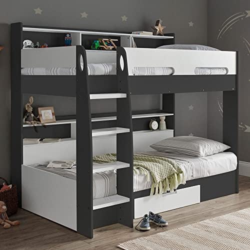 happybeds Bunk Bed, Polaris Grey and White Wooden Storage Bunk Bed Frame, Single