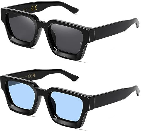 SHEEN KELLY 2PCS Retro Dicke Rechteck Chunky Sonnenbrille Frauen Männer Trendy Narrow Square Schwarz Tortie Frame Mode 90er Jahre Y2K Brillen