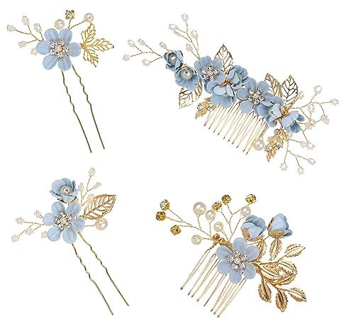 Changyeah Pince À Cheveux De Mariage De Mariée En Cristal,Accessoires de mariée 4 Pièces, Peigne de Cheveux de Mariée, Épingle à Fleur De Perle, Mariée Décorative Bandeau Fête de Mariage (Bleu)