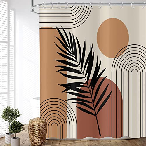 ASDCXZ Boho Duschvorhang 240x180 cm (BxL), Modern Abstrakt Kunst Boho Style Blätter Kreisförmig Beige Waschbar Duschvorhänge Polyester Textil Wasserdicht Duschvorhang für Badewanne mit 12 Haken