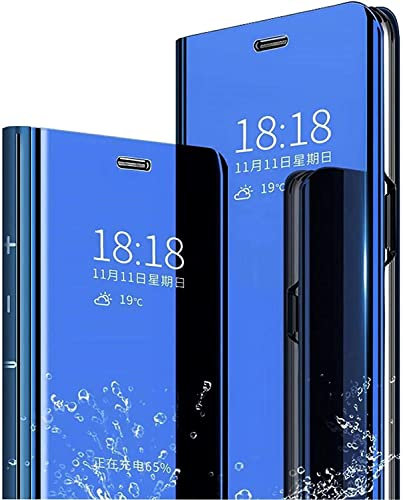 SEIAIYG Coque pour Xiaomi Poco C65/Redmi 13C, [Smart Clear View Mirror Housse] Pliable Standing, Antichoc, PC/PU Cuir Étui Cover Case pour Xiaomi Poco C65/Redmi 13C (Bleu)