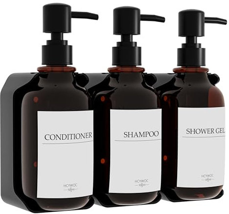HCYWOC Shampoo and Conditioner Dispenser, Shower Soap Dispenser With 16 Waterproof Labels, Shampoo Dispenser for Shower Wall, 3 Chamber, No Drill, 500ML, Amber