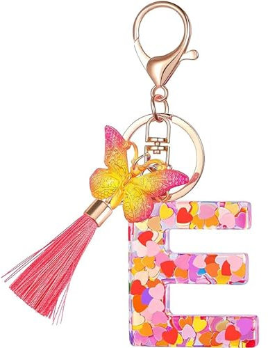 Schlüsselanhänger für Damen Mädchen Schlüsselringe Anfänglicher Schlüsselbänder Schlüsselbundbuchstabe mit Quaste Charm Schmetterling Pailletten für Handtaschen Handytaschen Rucksack Anhänger E
