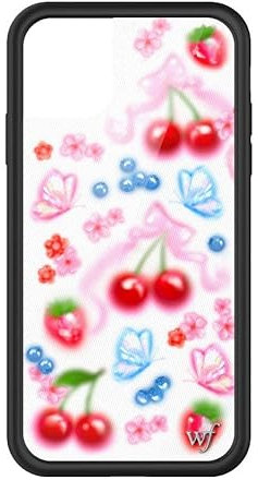 Wildflower Schutzhülle für Apple iPhone 11, Motiv: Süße Kirschen, Blau, Weiß, Rot, trendy, Fruit, Kirsche – schützender schwarzer Stoßfänger, 1,2 m Falltest zertifiziert, kleines Unternehmen im Besitz