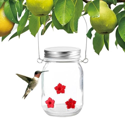 Mason Jar Hummingbird Feeder - Bird Dish Feeder With Flower Feeding Ports | Wide Opening For Easy Cleaning, Garden Yard Outdoors Decoration