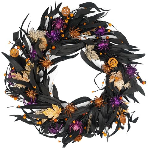 Halloween Wreath for Front Door 20 inch, Halloween Wreath with Olive and Mapple Leaf Pumpkin Spider, Halloween Decoration for Outdoor Living Room Indoor Wall and Outside Fall Autumn