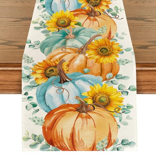 Kürbisse Sonnenblumen Herbst Tischläufer Eukalyptus Blätter Tischdekoration, Waschbar Saisonnal Küche Esstisch Dekoration für Drinnen Draußen Herbstdeko Thanksgiving Erntedankfest Dekoration 40x140cm