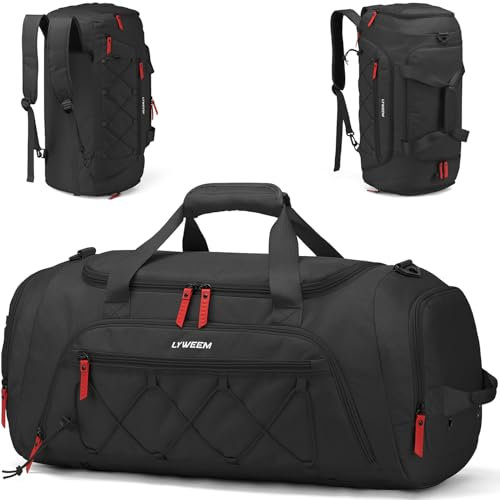 Lyweem 40L Sports Dufflel Bags for Men, Medium Gym Bag Backpack & Travel Duffle Holdall Bag with Shoes Compartment and Wet Pocket, 3 in 1 Carry On Overnight Weekend for Women, Black