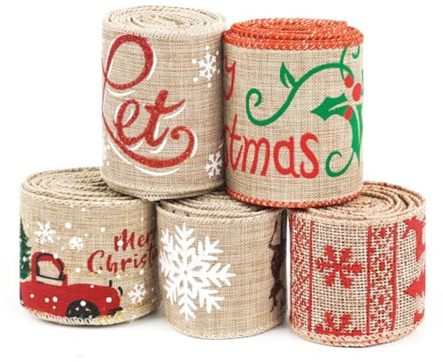 MorLuks Juteband Geschenkband Weihnachten 5 Stück 2 Größen, Schleifenband Weihnachten Geschenkband Set, Weihnachtsband Geschenkbänder für Weihnachtsbaum Deko, Geschenkpackung