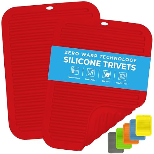 Silicone Trivets & Pot Holders - 2Pack - Zero Warp Technology - Heat Resistant - Non-Slip - Flexible - Durable Kitchen Drying Mat Set (Red, 30cm, Rectangle)