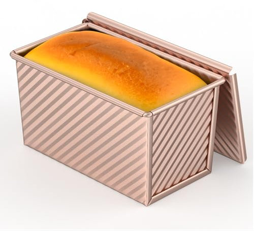8x4 Inch Pullman Loaf Pan with Lid, 1Lb Dough Capacity, Non-stick Carbon Steel Bread Mold, Toast Mold for Home Bakeware, Sandwich & Toast Oven Baking, Gold