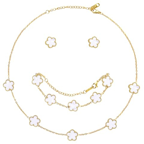 AmorArtSky Glücksklee-Halsketten-Schmuck-Set, 18 Karat vergoldet, Blumen-Design, fünfblättriges Armband, Kleeblatt-Halskettenanhänger, Kleeblatt-Ohrringe für Frauen, Glücksgeschenke für Mutter
