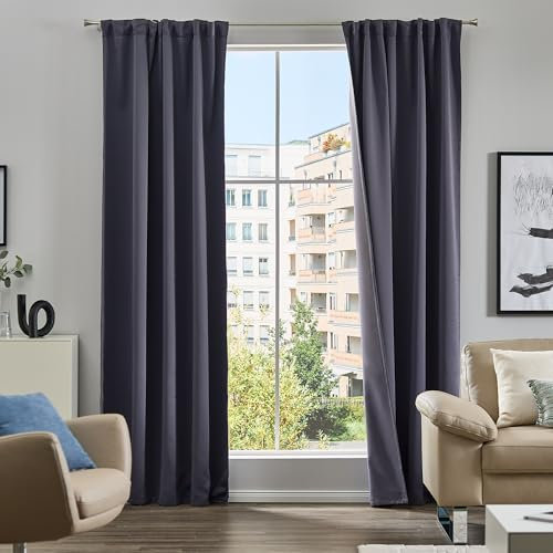 Como Gardinen 2er Set Vorhänge Anthrazit 245 x 140 cm - Blickdichte, verdunkelnde Schlaufenschals aus Polyester mit seidenmattem Glanz für Wohnzimmer, Kinderzimmer, Schlafzimmer
