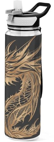 Mnsruu Bouteille d'eau transparente avec paille - Gourde étanche en plastique Tritan sans BPA - Motif dragon japonais - Pour le sport, le bureau, l'école - 1 litre