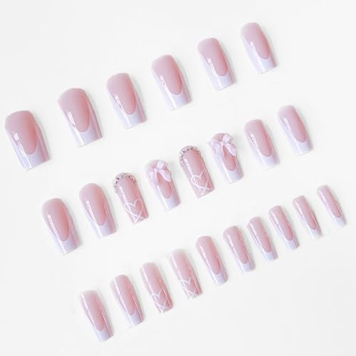 24 Stück KunstnäGel Zum Aufkleben,Kiss Press On Nails,FingernäGel Zum Aufkleben,Tip Square Long Fake Full Cover Glue On StrassnäGel With Rhinestones Und Butterfly Charm,FüR Frauen Und MäDchen