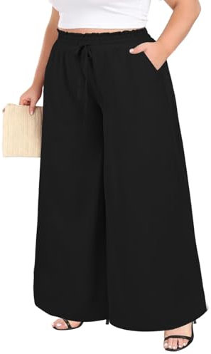 Moon Wood Pantalon Large Femme Taille Haute Fluide été pour Yoga & Sport Grande Taille Elastique Baggy Décontracté Bohème Palazzo Culottes avec Poches Noir 4XL