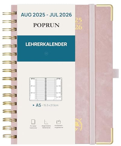 POPRUN Lehrerkalender 2025 2026 Ringbuch DIN A5 - Lehrerplaner 25/26 für die Unterricht mit Monatliches Register. Schulplaner mit PU-Leder Hardcover für Lehrerinnen und Lehrer - Mokka-Mousse