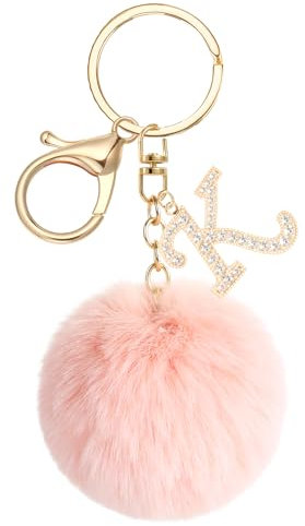 JSRQT Porte-clés Pompons Roses avec Initiales K, Porte-clés Lettres Alphabet en Métal et Strass pour Femme Fille, Pendentifs Keychain de Sac en Peluche Douce, Décoration de Sac à Main et Sac à Dos