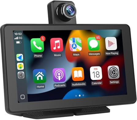 7 Pulgadas Pantalla Coche de Carplay y Android Auto Inalámbrico - Portátil Car Play Coche con 1080P Cámara Frontal/64GB TF | Bluetooth 5.0 | Transmisor FM/AUX | Plug & Play