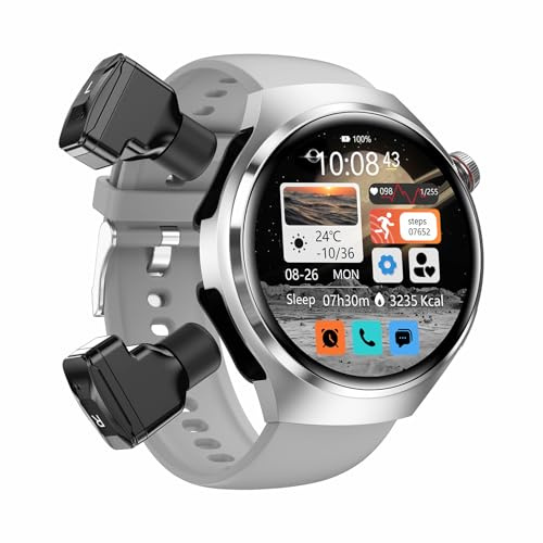 findtime Smartwatch, integrierte Bluetooth-Kopfhörer, kabellos, integrierter Kopfhörer, für Herren und Damen, TWS mit Anruf, Bluetooth 100 + Sport-Modi, Schlafmonitor, Schrittzähler, silber