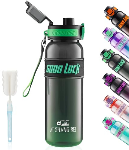 YC Kitchen Botella Agua Motivacional, Botella de Agua, 1Litro para beber | fugas a prueba de fugas y no BPA, Botella Agua Niños Deportiva con correa de paja y transporte