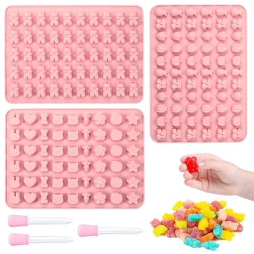 BUKCYUE Silikon Süßigkeiten Formen, Gummibärchen Formen, Backen Bonbonform, Wird zur Herstellung von Gummibärchen, Bonbons und Gelees verwendet, 3er-Set, Mit 3 Silikontropfern, Rosa