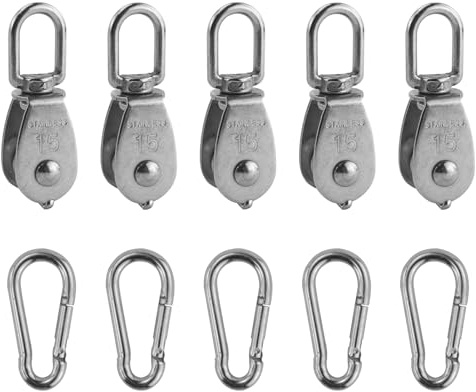 5 Stück Umlenkrolle, Edelstahl Seilrolle mit 5 Stück Federschnalle Karabiner, Umlenkrolle für Seile, für Markise, Fitness, Winde (Silber)