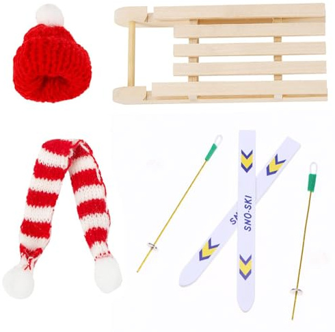Wichtel Zubehör, 4pcs Miniatur Wichtelzubehör mit Schlitten Holz Skier Schnee Mütze Schal für Weihnachten Wichteltür Deko, mini Wichtel Zubehör Schlitten Ski Set