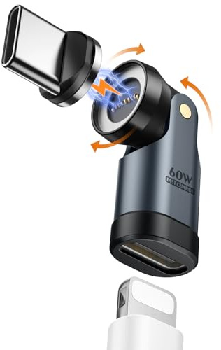 MoKo Lightning auf USB-C Magnetadapter 60W, 9-poliger Magnetischer Lightning Adapter mit 180°/360° Drehbarkeit, Lighting auf USB C Adapter für iPhone 17 Air 16 15 Pro Max/iPad/MacBook, Galaxy, Grau