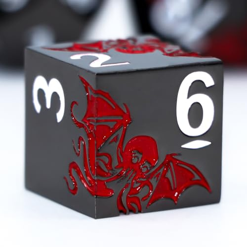 Krake Metall Würfel Set 7-teilig – Premium Polyedrische Rollenspiel Würfel mit Magnetischer Geschenkbox für TTRPG & Tabletop Spiele (Schwarz Rot)
