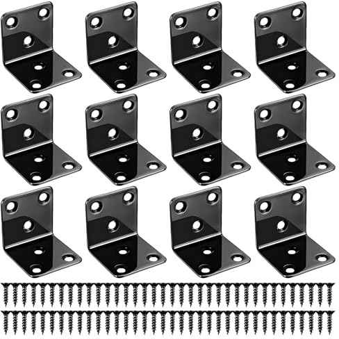 12Pcs Right Angle Metal Corner Brackets, 40x40x40mm 90 Degree L Shaped Heavy Duty Shelf Bracket Stainless Steel Corner Brackets with 72 Screws Black Support Fixing for Fence Furniture Kitchen Wood