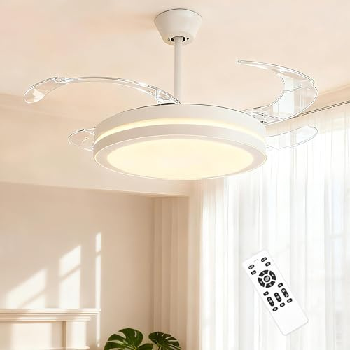 107CM Retratable Ceiling Fan with Lights & Remote, 6 Speed DC Reversible Full Copper Motor, Continous Dimmable LED Ceiling Lights, Retractable Blades, for Living Room, Bedroom, Kitchen (White-A)