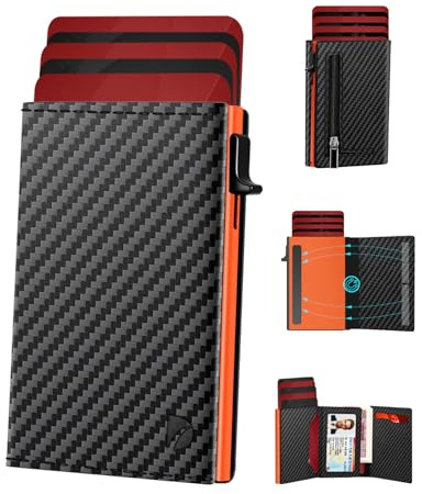 Mens Wallets Credit Card Holder | Wallets for Men with Magnetic Closure & Coin Pocket & ID Window | Minimalist Smart Pop Up Leather Wallet | RFID Card Cases for 12 Cards | Cash Slot | Black & Orange