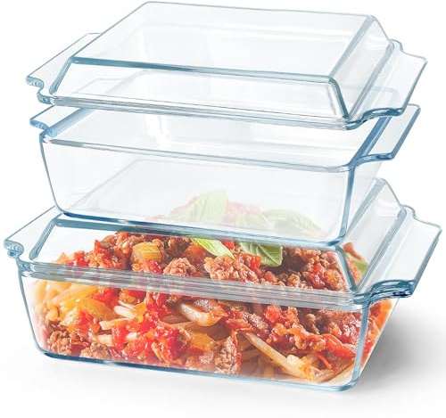 Lot de 2 Plats à Gratin Rectangulaires en Verre avec Couvercle, Cocottes Transparentes avec Poignées, Plats à Lasagnes Résistants au Four et Micro-ondes, Cuisine, Maison Restaurant, Hôtel (2L+1L)