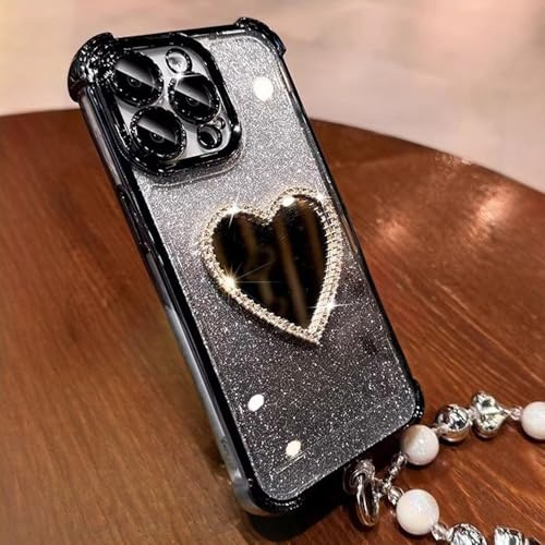 Ymyhyuxi Glitzer Handyhülle für iPhone 6 Plus mit Herzform Spiegel Strass Rand Perle Handschlaufe Stoßfest Soft Cover Schwarz