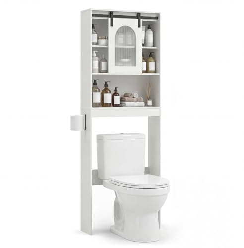 RELAX4LIFE Over the Toilet Storage Cabinet, Freestanding Toilet Rack with Toilet Paper Holder, Sliding Doors and Open Storage, Wooden Bathroom Storage Shelf for Laundry Room (White)