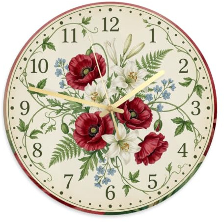 Poppy Wall Clock, Floral Vintage Lilies Fern Spring Red Analog Wall Clock for Kitchen Dining Room Apartment Dorm Room Decor 11.6x11.6 Inches