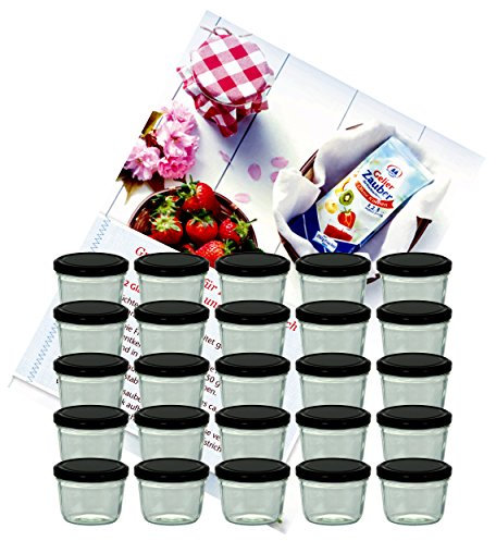 MamboCat 25er Set Sturzglas 230 ml Marmeladenglas Einmachglas Einweckglas to 82 schwarzer Deckel incl. Diamant-Zucker Gelierzauber Rezeptheft