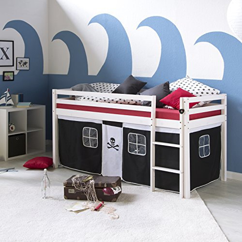 Homestyle4u Kinderbett 90x200 Weiß Hochbett Kinder mit Treppe Vorhang Pirat Schwarz Etagenbett Bettgestell Holz Kiefer