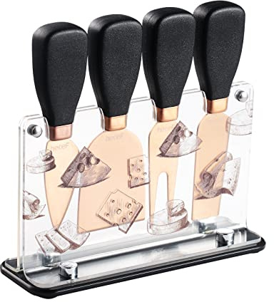 hecef 5 Stück Käsemesser Set, Käsegeschenkset mit Käsegabel, Käseschaufel, Käsemesser & Acrylständer, Roségold Edelstahl Käseschneider/Mini Käsebesteck für Käse und Snacks