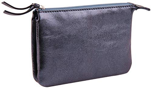 Clairefontaine 400012C - Porte-Monnaie, Trousse 2 Compartiments 13x9cm en Véritable Cuir d'Agneau, Cuirisé Pétrole